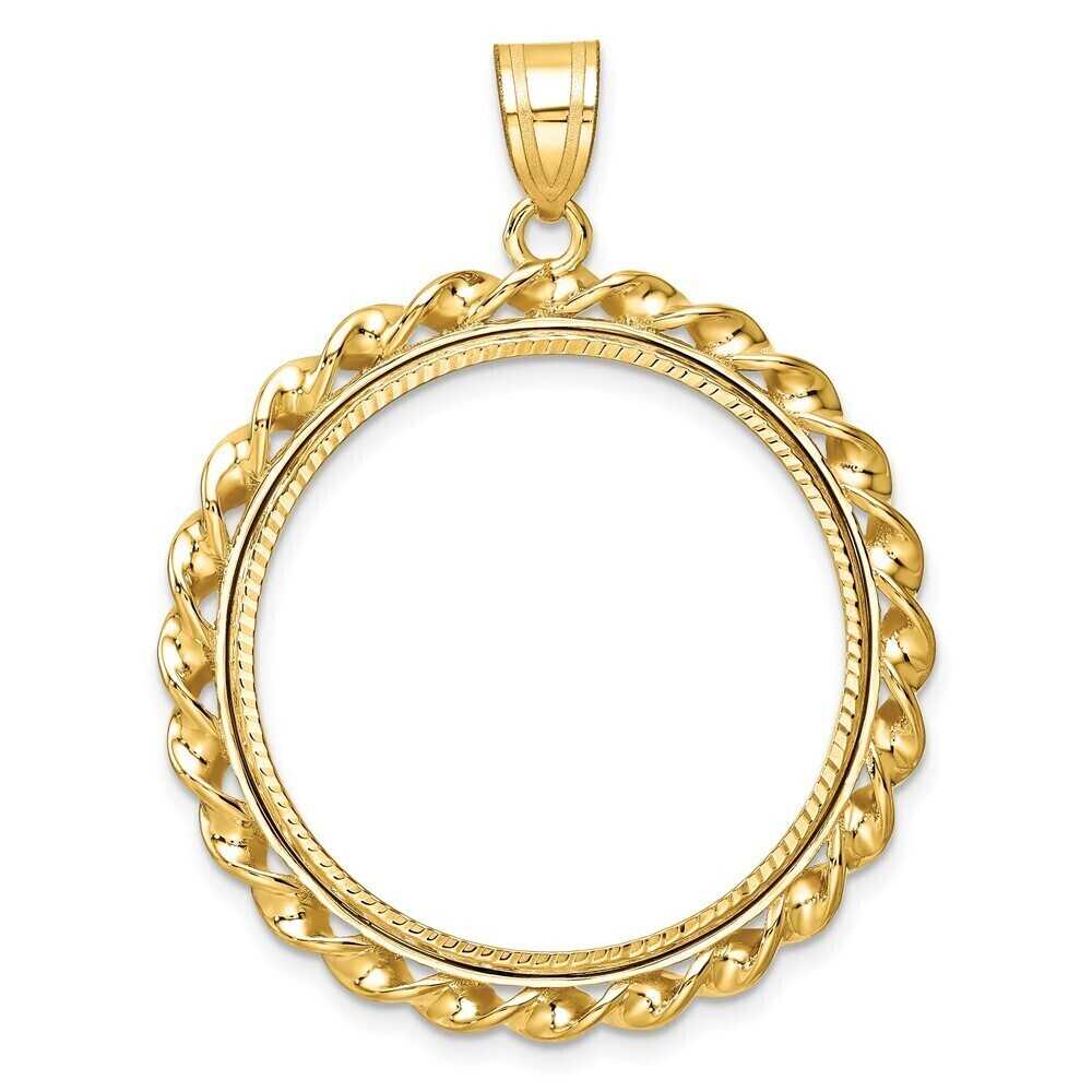 14k Yellow Gold Twisted Wire & Diamond-cut 27.0mm Prong Coin Bezel Pendant